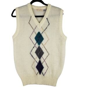 Vintage Men's Size S Argyle Sweater Vest Cream Mohair Blend Light Academia Nerdy